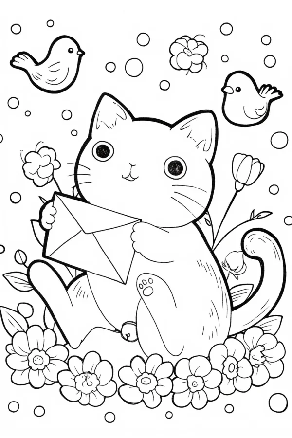 Cute cartoon cat holding an envelope, surrounded by blooming flowers and small birds — free printable cozy daily life coloring book page