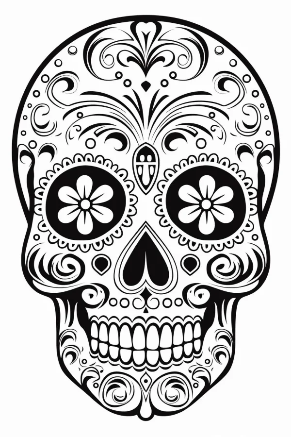 Decorative sugar skull for day of the dead, mexican folk art style — free printable mexican culture coloring book page