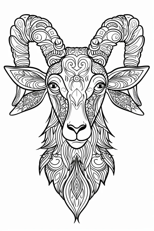 Mandala style goat head, intricate symmetrical decorative patterns — free printable mammals coloring book page