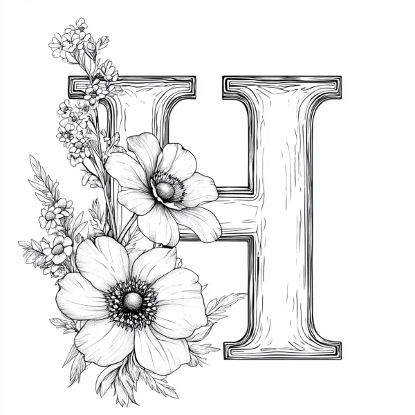 Floral decorated letter h, hand-drawn illustration style — free printable letter art coloring book page