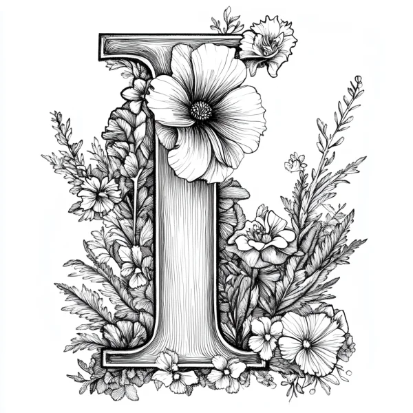 Decorative letter i surrounded by various flowers and leaves, art nouveau style — free printable letter art coloring book page
