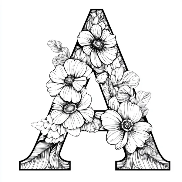 Floral decorated letter a, illustration style — free printable letter art coloring book page