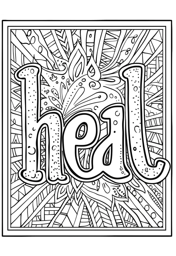 Decorative word 'heal' with zentangle style background, fine fluid organic lines — free printable healing coloring book page