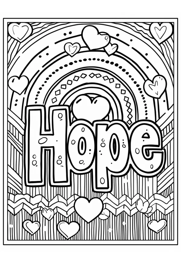 Coloring book page, stylized word 'hope' with various hearts — free printable warmth coloring book page