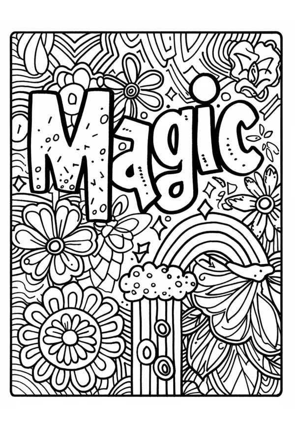 Decorative 'magic' art lettering surrounded by various flowers, rainbow — free printable coloring page