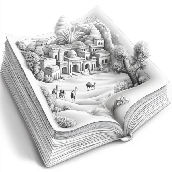 Coloring book page, 3d open book with desert town and camels inside — free printable middle eastern culture coloring book page