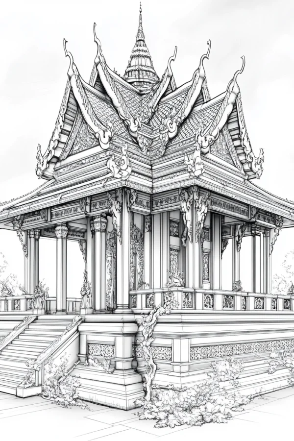 Coloring book page, southeast asian traditional pavilion — free printable southeast asian culture coloring book page