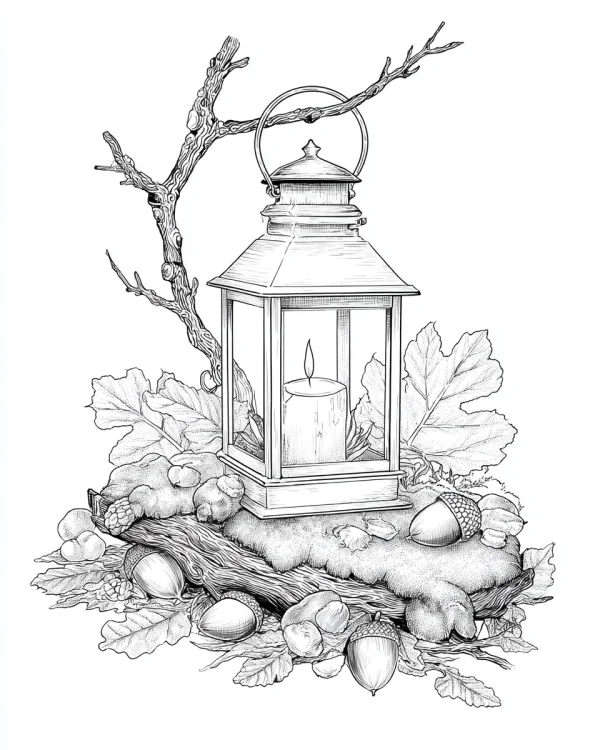 Vintage autumn lantern with candle, surrounded by dry branches — free printable still life coloring book page