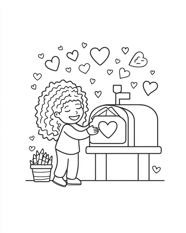 Curly-haired girl sending love letter to heart-patterned mailbox, cartoon style — free printable coloring page