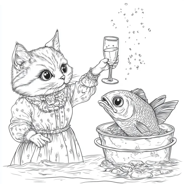 Anthropomorphic cat in frilly dress holding wine glass, big fish in metal basin — free printable personification coloring book page