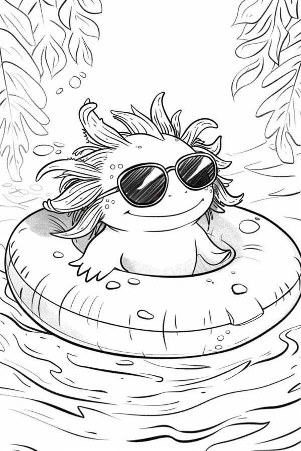 Axolotl wearing sunglasses in an inflatable swimming ring, cartoon style — free printable swimming coloring book page