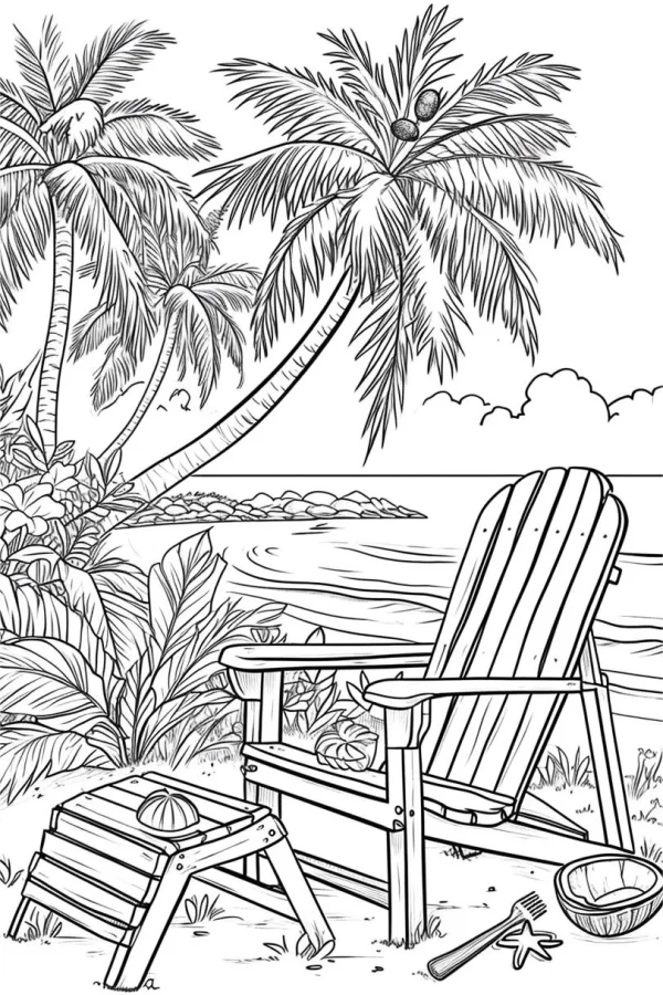 Beach lounge chair, sketch style — free printable tropical plants coloring book page