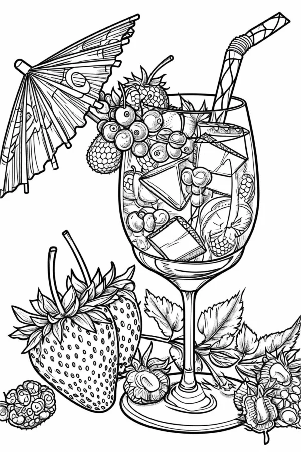 Glass of drink decorated with various fruits, realistic line art style — free printable beverages coloring book page