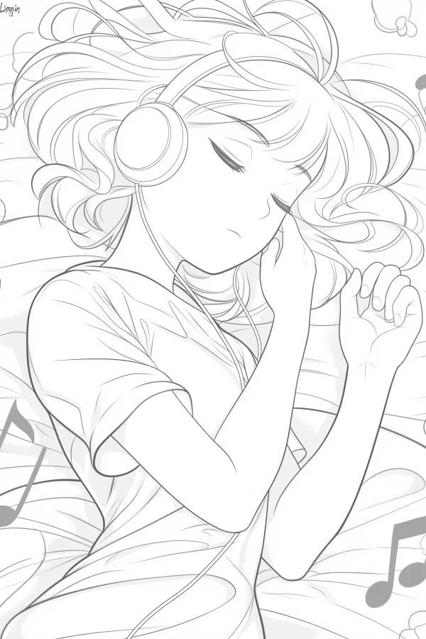 Curly-haired girl wearing headphones lying on bed listening to music, japanese anime cartoon style — free printable daily leisure coloring book page