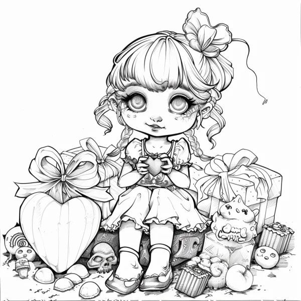 Cute chibi girl surrounded by valentine's day gifts, heart-shaped boxes — free printable coloring page