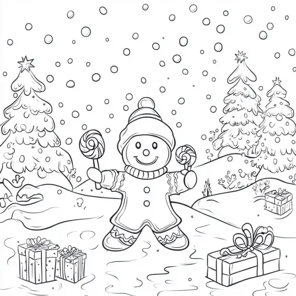 Cute gingerbread man holding lollipops, cartoon style — free printable festivals coloring book page