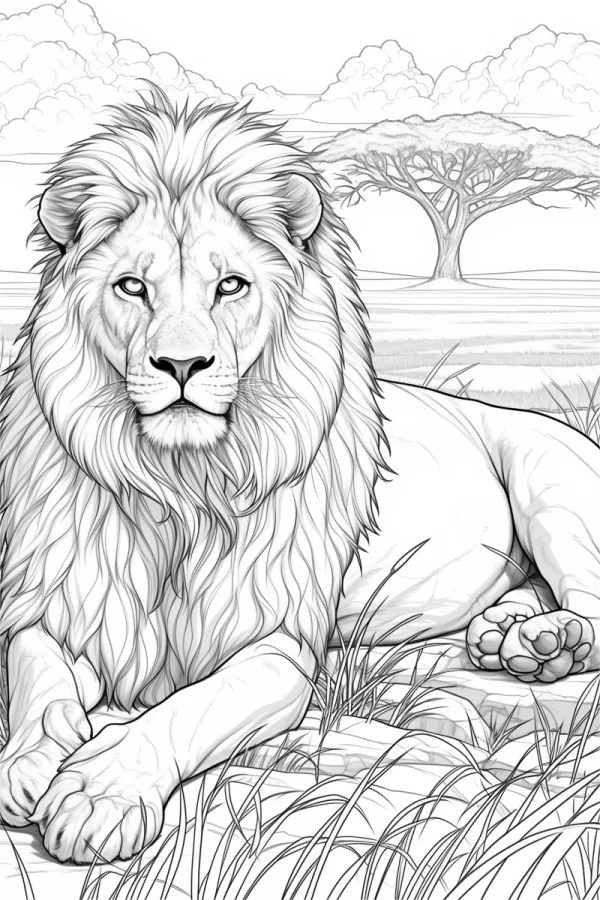 Lying male lion on savanna, realistic style — free printable grassland coloring book page