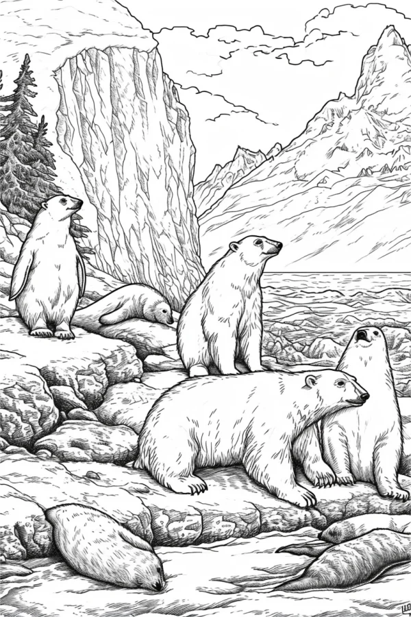 Group of polar bears and seals, realistic sketch style — free printable polar coloring book page