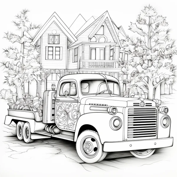 Vintage cargo truck with decorative scroll patterns, parked in front of a two-story countryside house — free printable vehicles coloring book page