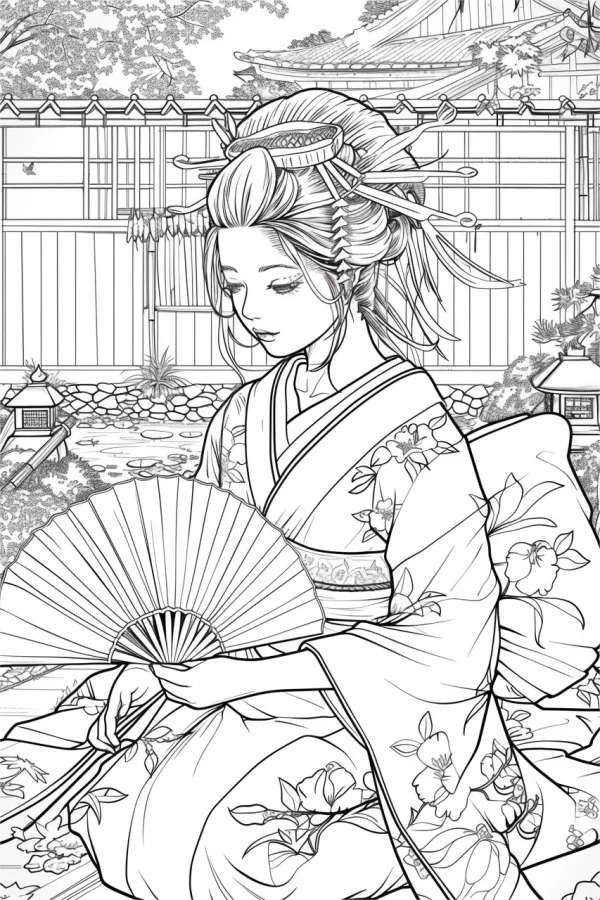 Japanese kimono woman holding folding fan, traditional japanese garden scene with wooden fence — free printable traditional clothing coloring book page