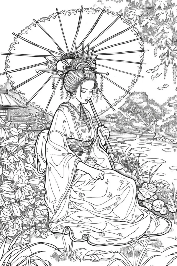 Coloring book page, japanese geisha in traditional kimono holding a paper umbrella — free printable traditional culture coloring book page