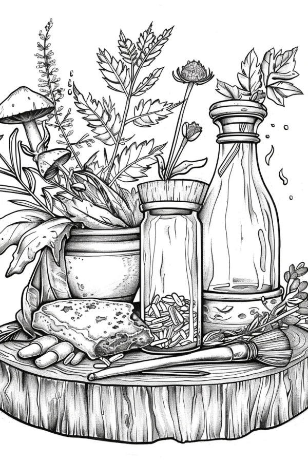 Coloring book page, combination of herbal plants and handcraft tools on a wooden stump — free printable handmade diy coloring book page