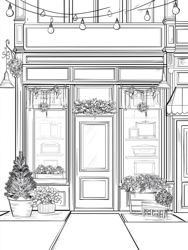 Street storefront facade, realistic illustration style — free printable street view coloring book page