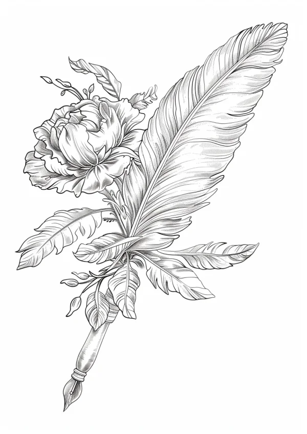 Peony feather quill pen, sketch style — free printable stationery coloring book page
