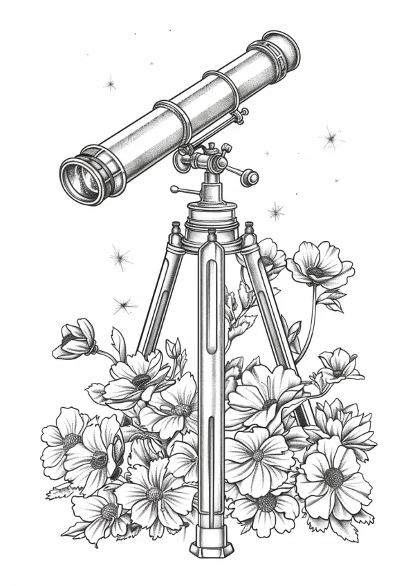 Astronomical telescope surrounded by blooming flowers, sketch style — free printable astronomical exploration coloring book page