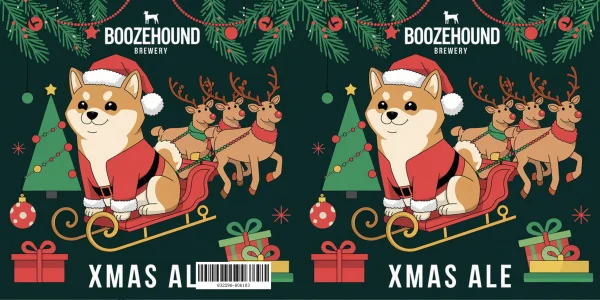Christmas themed beer label cover, shiba inu in santa outfit sitting on a red sleigh with reindeer — free printable beverages coloring book page