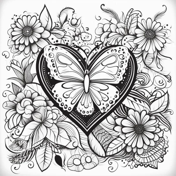 Heart-shaped frame with butterfly, surrounded by daisies — free printable butterfly coloring book page