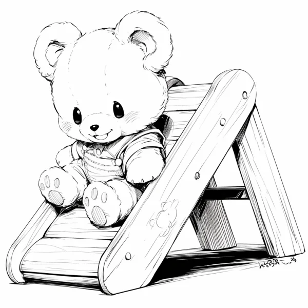 Cute cartoon teddy bear wearing overalls sitting on a wooden slide, cartoon style — free printable coloring page