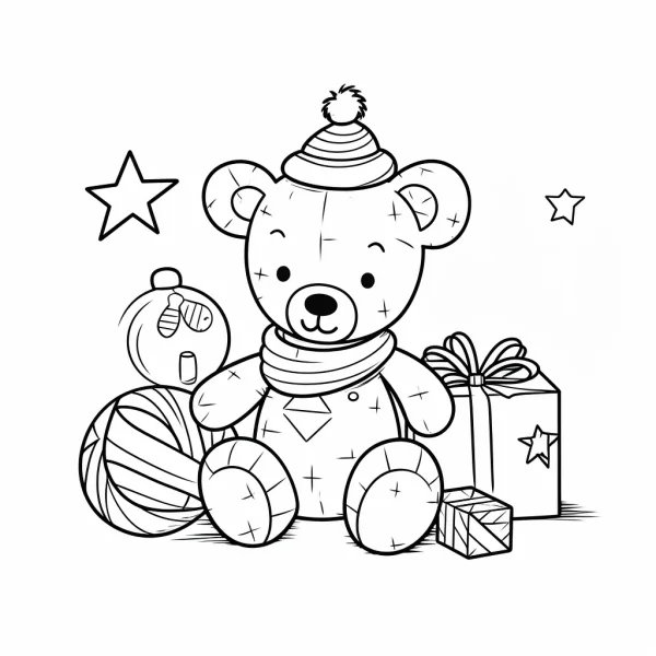 Christmas teddy bear with pom-pom hat and scarf, cartoon style — free printable toys coloring book page