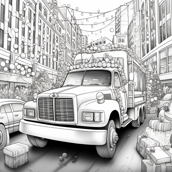 Christmas decorated truck, realistic line art style — free printable festivals coloring book page
