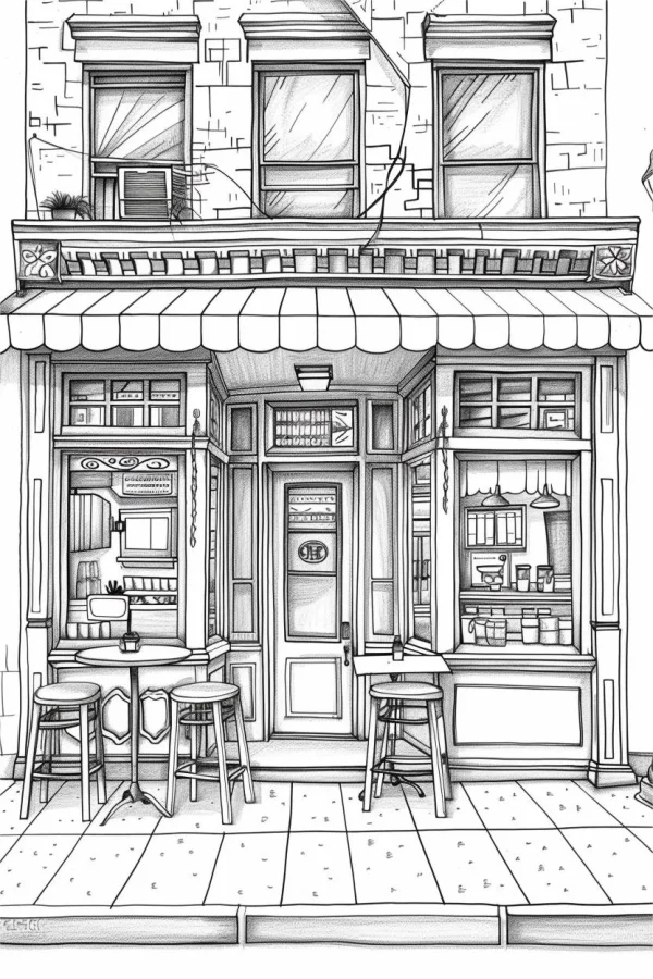 Coloring book page, street corner coffee shop storefront — free printable cafe coloring book page