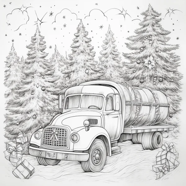 Vintage tanker truck in a christmas pine forest, realistic line art style — free printable vehicles coloring book page