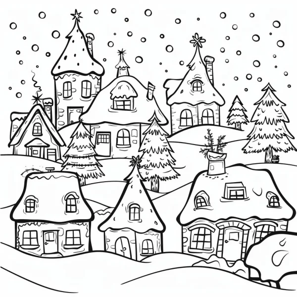 Cute christmas village in snow, cartoon style — free printable village coloring book page