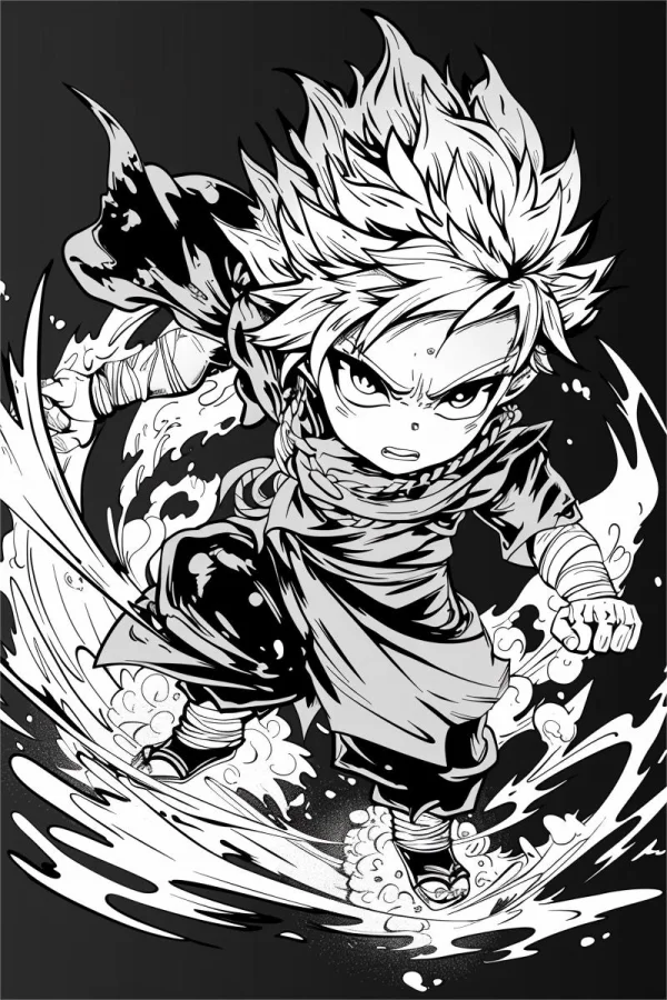 Chibi anime battle boy with spiky hair, cartoon anime style — free printable combat coloring book page