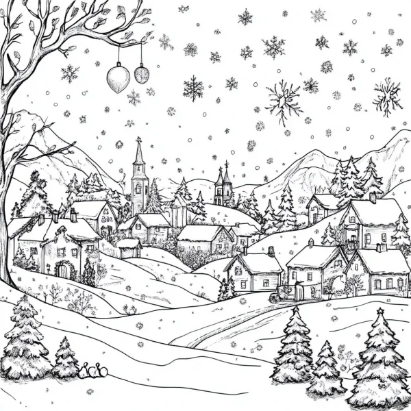 Winter christmas snowy town, line art style — free printable town landscape coloring book page