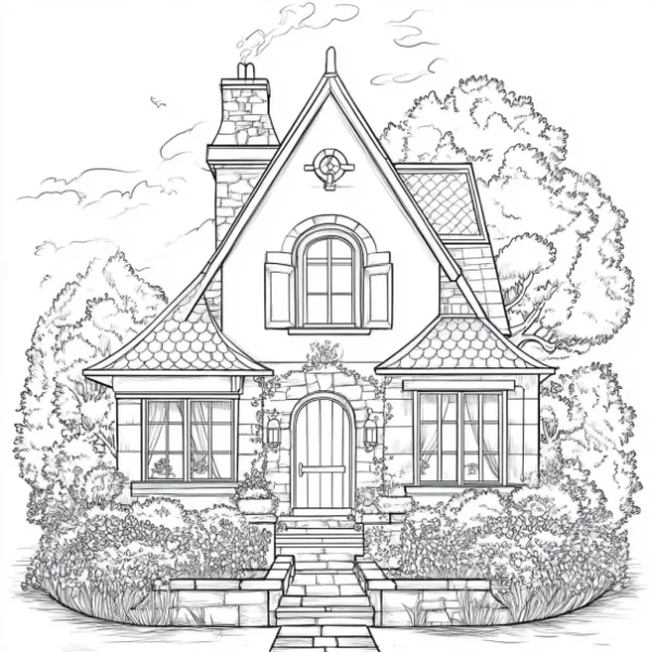 Cozy country cottage, pastoral realistic style — free printable scenes coloring book page