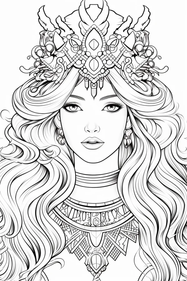 Ornate ethnic-style long-haired woman with luxurious headdress and necklace, decorative art style — free printable ethnic culture coloring book page