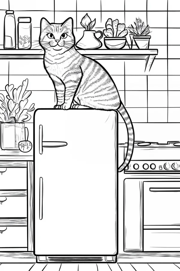 Tabby cat sitting on refrigerator in kitchen scene, sketch style — free printable kitchen coloring book page