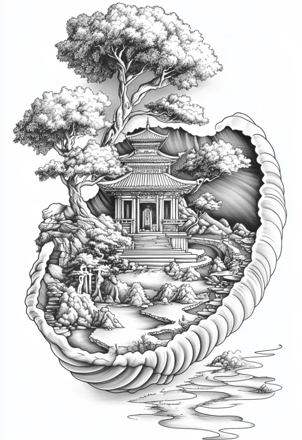 Chinese ancient pavilion garden inside a shell outline, chinese style — free printable traditional architecture coloring book page