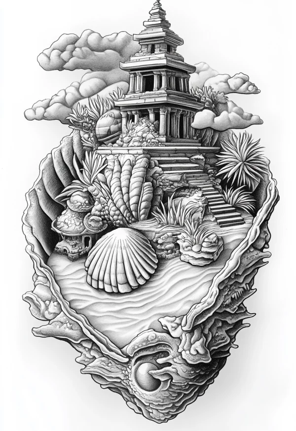 Southeast asian style temple in a fantasy natural scene, realistic line art — free printable southeast asia coloring book page