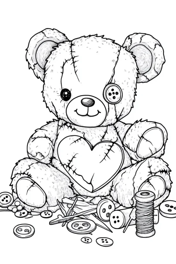 Patched teddy bear with heart patch, cartoon hand-drawn style — free printable handmade diy coloring book page