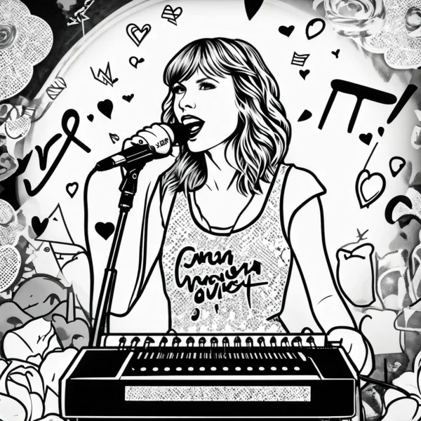 Singing female singer with microphone and electronic keyboard, surrounded by hearts — free printable stage performance coloring book page