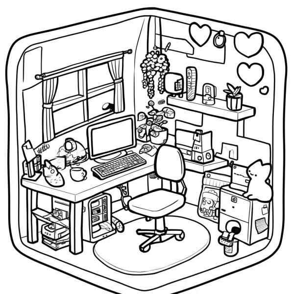 Cozy desk workspace with a cute cat, cartoon style — free printable indoor life coloring book page