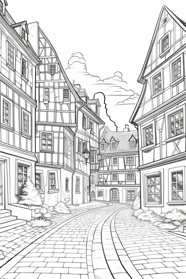 European town street with half-timbered buildings, vintage european style — free printable scenery coloring book page