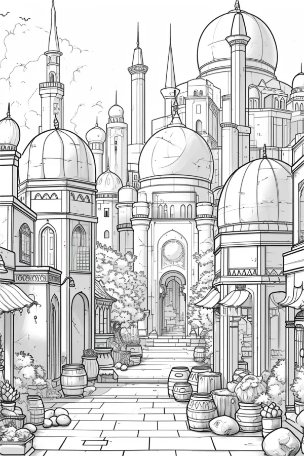 Middle eastern fantasy town, intricate line art of domed buildings and spires — free printable middle eastern culture coloring book page