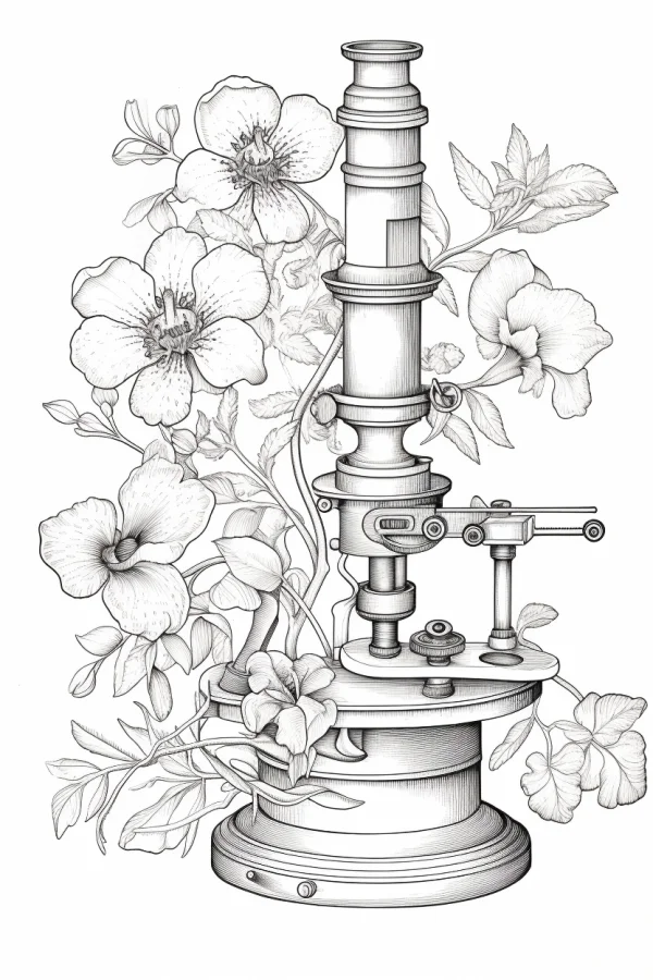 Vintage microscope surrounded by blooming flowers, vines and leaves — free printable science coloring book page